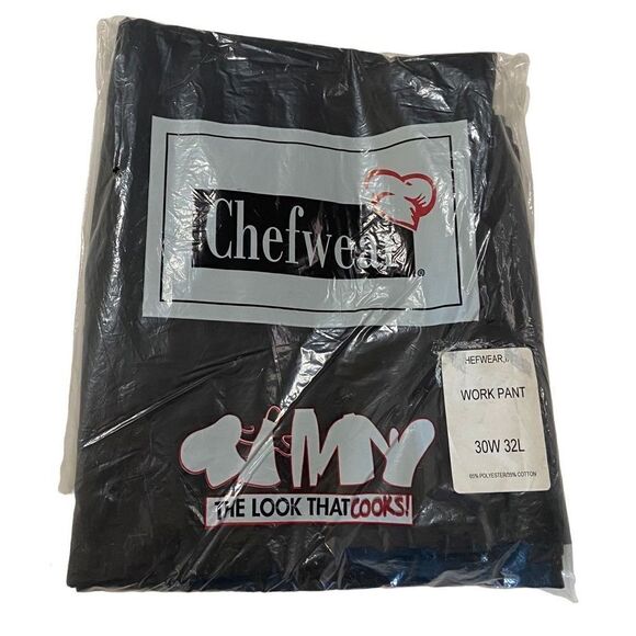 Chefwear Black Work Pants NWT - Clasp & Zipper - 30x32 - Flat Front Chef Pants - Picture 1 of 3